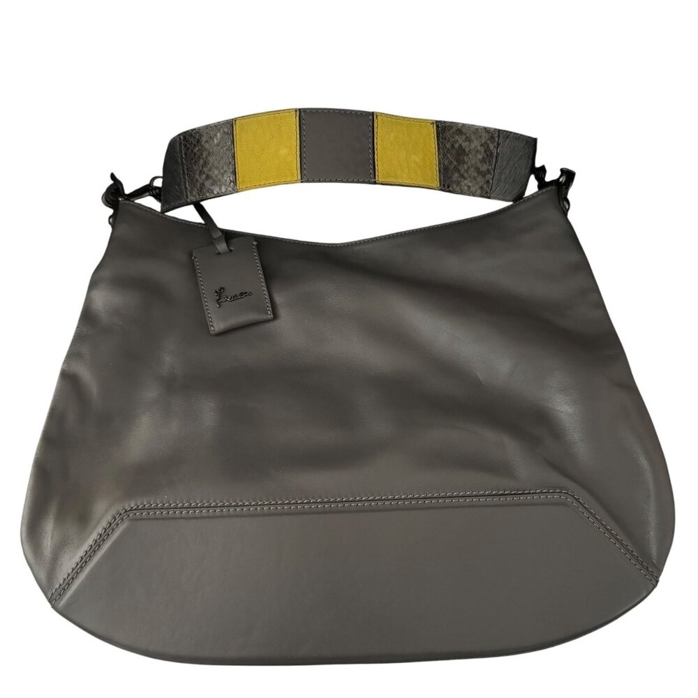 Lacucci Gray Leather Shoulder Bag Purse With Yellow & Snake Print Strap